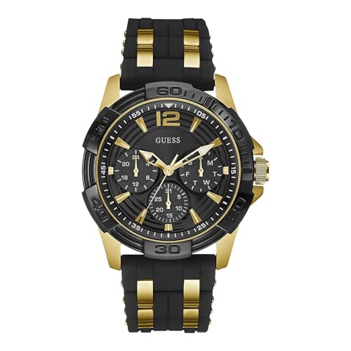 Guess Mens 43mm Watch - Black Strap Black Dial Gold Tone Case