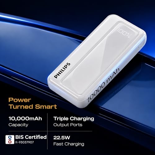 Philips 10000mAh 22.5W Fast Charging Power Bank (Alba White) with Digital LED Display | Type-C & USB-A Input/Output | 3 Output Ports | Lithium Polymer Battery | Portable for Mobile, Tablet & Earbuds view 2