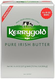 Pure Irish Unsalted Butter, Premium Grass-Fed Cow’s Milk Sweet Cream Cultured Butter, Authentic Irish Style Dairy Butter for Cooking, Baking, Spreading, and Gourmet Recipes – Rich Creamy Smooth Texture – 8 oz Bars, 4-Count [(32 oz ,2 LB ] Total Net Wt .