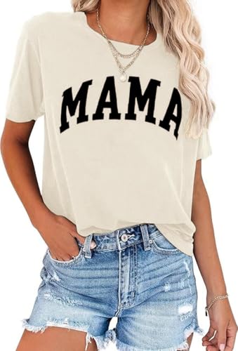 Image of Mama Shirts for Women Mama Letters Print T Shirt Funny Mom Graphic Tees Shirt Casual Mothers Gift Tops