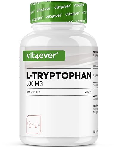 L-triptófano - alta dosis con 500 mg por cápsula - 365 cápsulas veganas - suministro para 12 meses - a partir de fermentación vegetal - sin aditivos innecesarios, vegano
