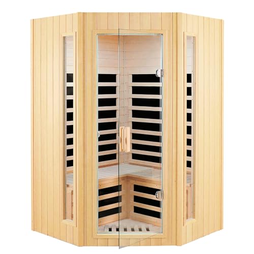 Far Infrared Sauna, 2-3 Person infrared sauna for home, Indoor Home Sauna Canadian Hemlock Wooden Sauna Dry Sauna with 7 Low EMF Heating Panels, Bluetooth Speakers, LED Reading Lights, 1670W