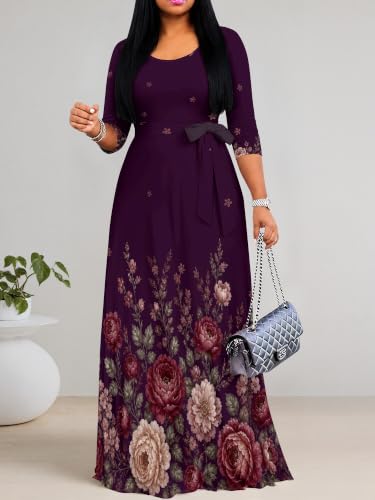 Image of PinkPatty Plus Size Maxi Dress for Women Casual V Neck 3 /4 Sleeve Boho Printed Long Dress with Pockets
