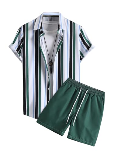 SHENHE Men's 2 Piece Outfits Striped Button Up Short Sleeve Shirt and Shorts Set