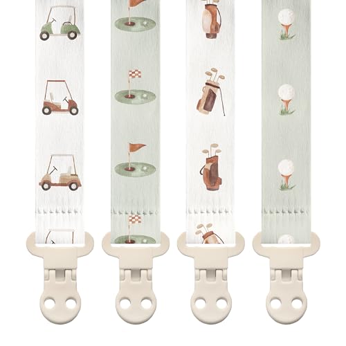 Image of Stadela Baby Pacifier Clip Holder - Girl or Boy Unisex 4 Pack Gift Set – Neutral Modern Golf Theme Green Brown Beige