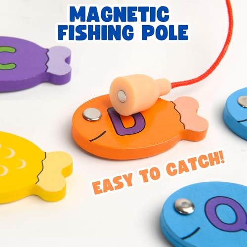 Magnetic Wooden Fishing Game â Interactive ABC Alphabet, Numbers, Shapes & Colors 4-in-1 Learning Board | Montessori Educational Toy for Kids | Complete Set with 36 Fish, 2 Wooden Poles & Board - Image 7