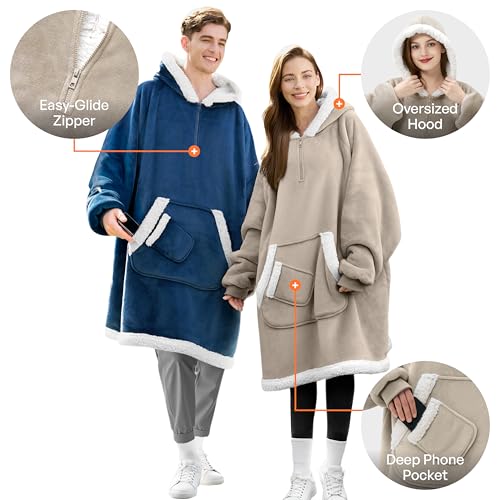 Image of Giggling Getup Wearable Blanket Hoodie for Women Men Gifts for Women Mom Wife Sherpa Fleece Hooded Blanket Sweatshirt Warm Cozy Sherpa Wearable Throw with Pocket & Sleeves for Adult Standard Latte