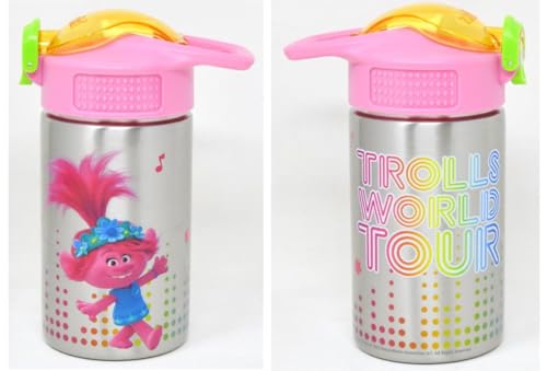 Image of Zak Designs Trolls 2 -Stainless Steel Water Bottle with One Hand Operation Action Lid and Built-in Carrying Loop, Kids Water Bottle with Straw Spout is Perfect for Kids (15.5 oz, 18 /8, BPA-Free)