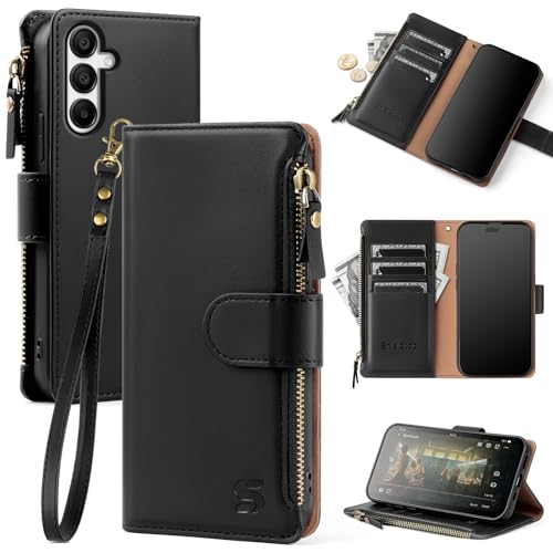 Shieldtop Compatible with Samsung Galaxy A16 5G Wallet Case with Card Holder,PU Leather Phone Case Flip Protective Cover Wrist Strap Zipper Pocket Credit Card Slots RFID Blocking Women Men,Black