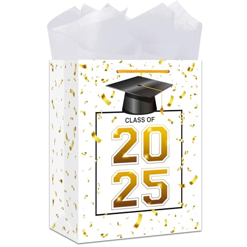 BIZIBAFF Sacchetto regalo di laurea, 33 cm, grande, con carta velina, classe 2025, sacchetto regalo di laurea per liceo, università, laureati, feste di laurea