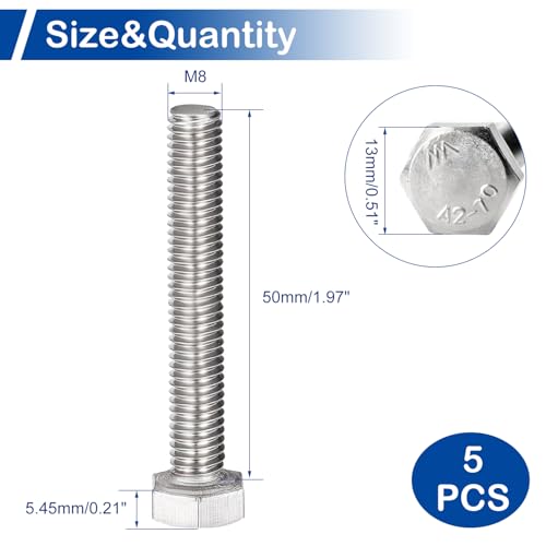 Image of MroMax 5Pcs M8-1.25 Hex Bolts, M8 x 50mm Hex Head Screws Bolts | 304 Stainless Steel 18-8, Fully Threaded, External Hex Drive, for Machinery Base and Bracket Mounting