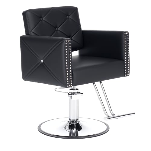 Image of Barber Chair with Rivets, Black Salon Chair for Hair Stylist, 360 Degree Swivel, Heavy Duty Hydraulic Pump, Professional Styling Chair for Salon and Spa