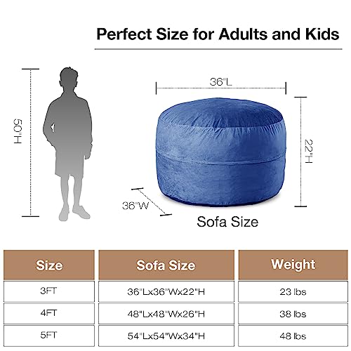 Whatsbedding 3 Ft Bean Bag Chair: 3' Memory Foam Bean Bag Chairs For Adults With Filling, Soft Bean Bag Sofa With Premium Velvet Cover,Bean Bags With Stuffed Foam Filling,Dark Blue,3 Foot #TOP2