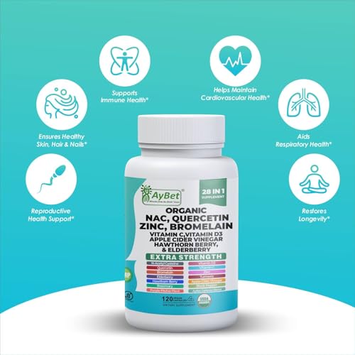 Image of NAC-n-acetyl cysteine- Quercetin Zinc Bromelain Supplement | Extra Strength with Vit C, D3, Apple Cider Vinegar, Elderberry, Hawthorn Berry, Turmeric | Immune Support|120 Vegan Capsules | USDA Organic