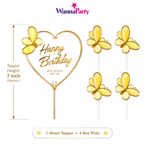 Image of Wanna Party Gold Butterfly Happy Birthday Cake Topper Set, Heart Birthday Cake Decoration with Golden Butterfly Picks for Birthday Party, Cake Decor, Dessert Table & Celebration Supplies