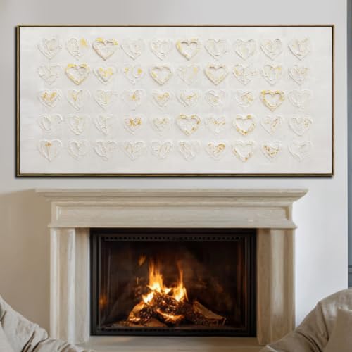 Image of White And Gold Wall Art For Living Room 3d Textured Large Canvas Pictures Love Heart Wall Paintings Framed Artwork Decor 29 inchx58 inch