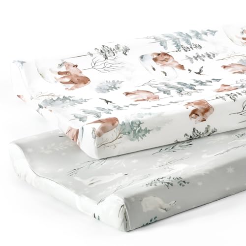 Image of GRSSDER Stretch Ultra Soft Jersey Knit Changing Pad Cover Set 2 Pack, Change Table Pad Covers Fit 32"/34" x 16" Pads Safe and Snug, Pretty Pattern for Boys and Girls, Bear and Wolf Print