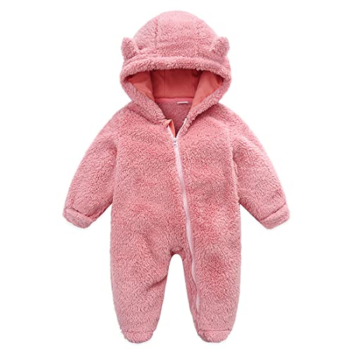Unisex Infant Baby Snowsuit Cute Cartoon Bear Jumpsuit Fleece Romper Suits Thin Coat Outfit Suit for Newborn Baby Boy Girl Pink 0-3Months