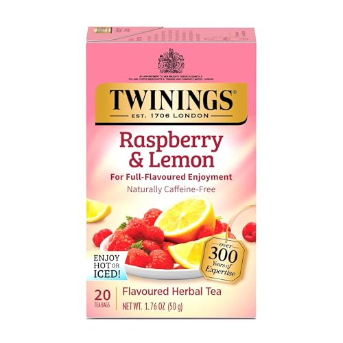 Twinings Raspberry &amp; Lemon Herbal Tea Individually Wrapped Bags, 20 Count (Pack of 1), Unsweetened, Refreshing &amp; Fruity, Naturally Caffeine-Free, Enjoy Hot or Iced, 20 Teabags