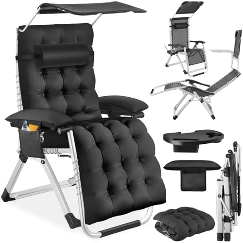 tectake® Sdraio da Giardino, Sdraio Lettino Prendisole Richiudibile con Parasole, Sdraio Mare con Cuscino Poggiatesta, Tessuto Traspirante, Schienale Regolabile, Ripiano Portaoggetti - Nero