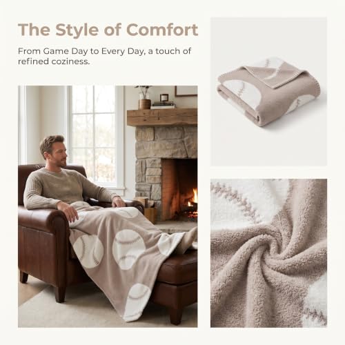 Image of Ultra Soft Cozy Baseball Sports Knitted Throw Blanket Fluffy Microfiber Bed Blanket Lightweight Both Sides Blanket for Couch Sofa Bed Cream