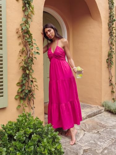 Image of Women's Casual Halter Tiered Vacation Maxi Dress with Pockets