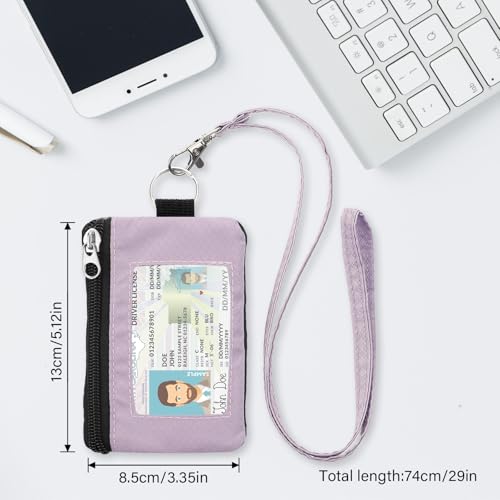 Image of Minimalist RFID Wallet with Lanyard, Multi-functional ID Case with 2 Zipper Pockets and Key Chain for Men and Women, Tactical Badge Pouch Cards Holder, Coin Purse for Travel Sports - Purple&Pink
