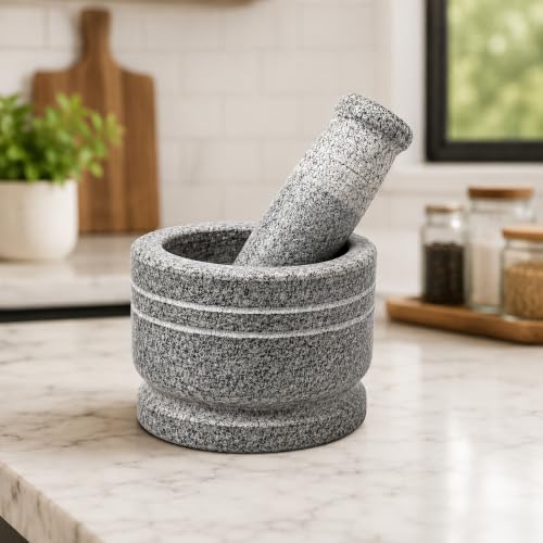 Image of EZAHK Mortar and Pestle Set for Spices, Okhli Masher, Khalbatta, Kharal, Mixer, Natural & Traditional Grinder and Musal, 4 inch Width and 3 inch Height(Grey)