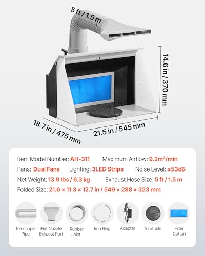 Image of VEVOR Airbrush Spray Booth, Dual Fans, 21.5 x 18.7 x 14.6 in, Portable Hobby Airbrush Paint Spray Booth Kit with 3 LED Lights and Exhaust Extension Hose, for Painting Models, Arts, Crafts, Cakes | For Painting Models, Arts, Crafts, and Cakes, Portable, 21.5 x 18.7 x 14.6 in, with 3 LED Lights and Exhaust Extension Hose
