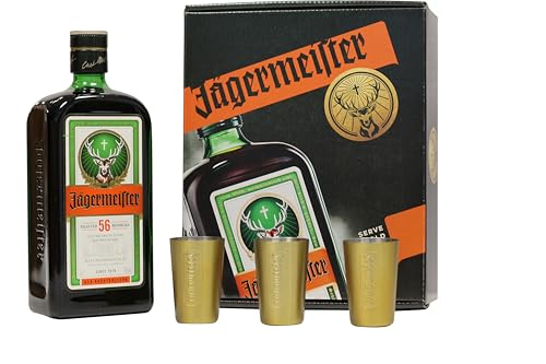 JÄGERMEISTER - Licor de Hierbas Gift Pack 700 ml + 3 Vasos Metálicos, con 56 Ingredientes Naturales