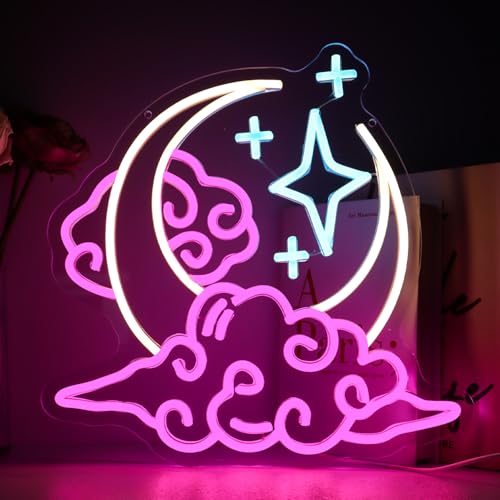 Moon and Stars Neon Sign with Clouds – Pink White