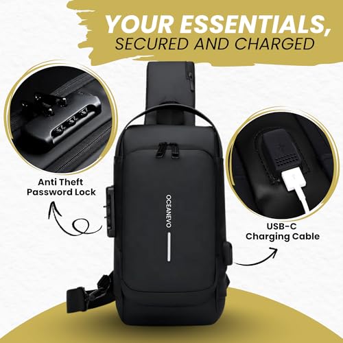 Image of OCEANEVO Stylish Anti Theft Crossbody Sling Bag for Men WITH Luggage Tag, Chest Bag for Travel WITH Lock and USB Charging Port