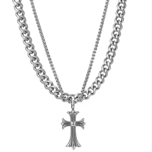Chrome, Y2k, Necklace 304 Men's Silver Opium Stainless Steel Cross Layered Cuban Link Chain Necklace