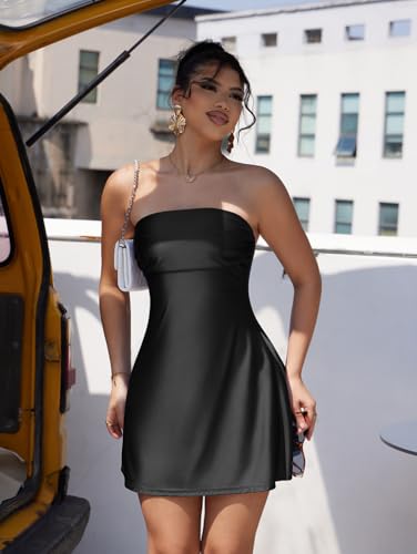 Image of XXTAXN Women's Sexy Tube Strapless Ruched A Line Wedding Guest Cocktail Satin Mini Dress