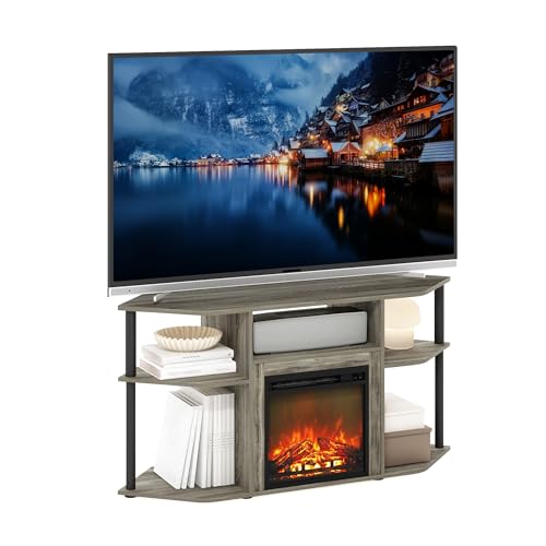 Image of Furinno Jensen Fireplace TV Stand, Corner Entertainment Center, TV Console for TV up to 55 Inch with Fireplace, Plastic Poles and Open Storage, for Living Room, Bedroom, French Oak Grey