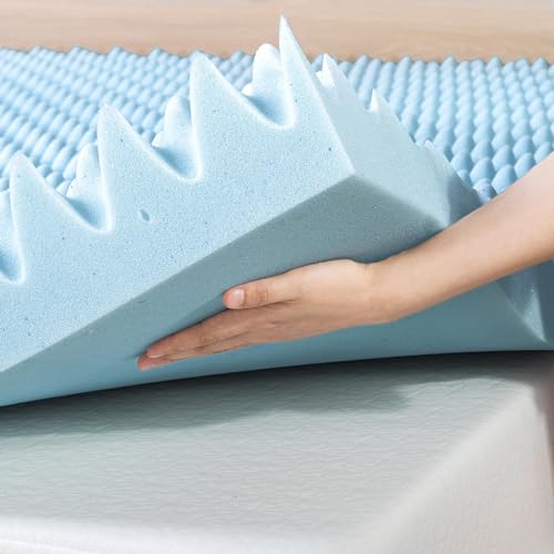Image of Best Price Mattress 4 Inch Egg Crate Memory Foam Mattress Topper with Cooling Gel Infusion, CertiPUR-US Certified, Dorm Essentials, Queen, Light Blue