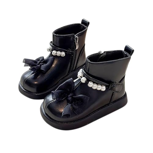 Botines de piel sintética para niñas, elegantes zapatos de caminar con perlas, puntera redonda, tacones gruesos, botas con cremallera lateral, zapatos escolares para invierno y otoño, A6 negro, 30 EU