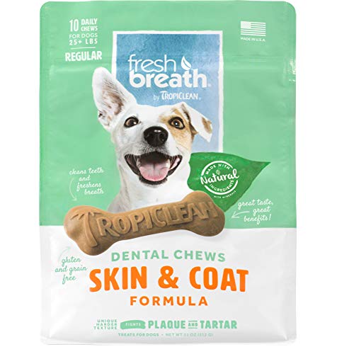 Fresh Breath by TropiClean Dog Dental Care Skin & Coat Dental Chews for Dogs 25+ Pounds, 10ct, 11oz - Helps Brush Away Plaque and Tartar  Made in the U.S.A.