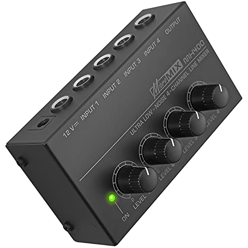 LiNKFOR Mélangeur de Ligne MONO 4 Canaux Audio MX400 avec Alimentation Certifiée Mélangeur Audio à Faible Bruit Mono Audio Mixer pour Microphones Guitares Claviers Basses Mélangeur de Scène Cover