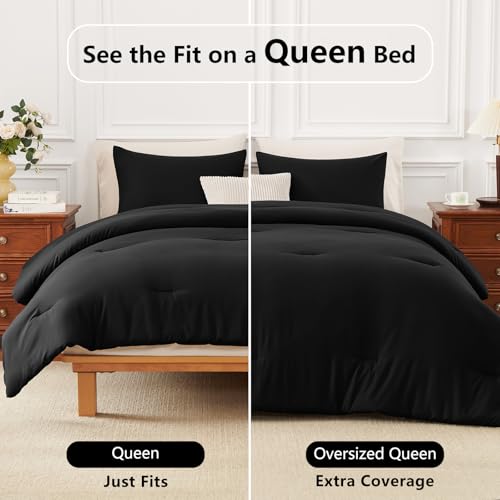 Image of HIMEET Queen Comforter Set, 3 Pieces 90 inchx90 inch with 2 Pillowcases, Black
