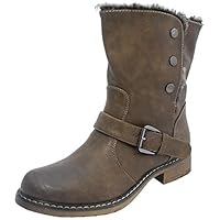 Womens Fold Down Leather Look Fur Lined Biker Ankle Boots BROWN SIZE 5