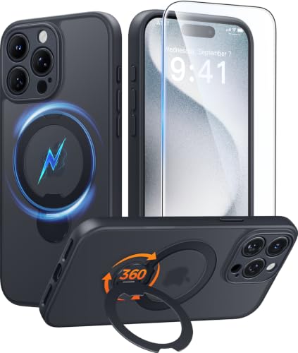 Image of FNTCASE for iPhone 15 Pro Case with 360 Spin Magnetic Stand Black