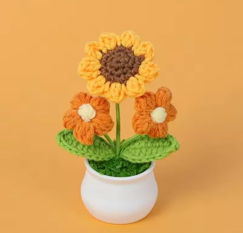 Image of VRB Dec Plastic TM 1 Pcs Crochet Flowers Artificial Sunflower for Office Desk Car Dashboard Decor,Home Decoration, Office, Bedroom, Christmas Decor, Wedding (Sunflower with Daisy Pot)