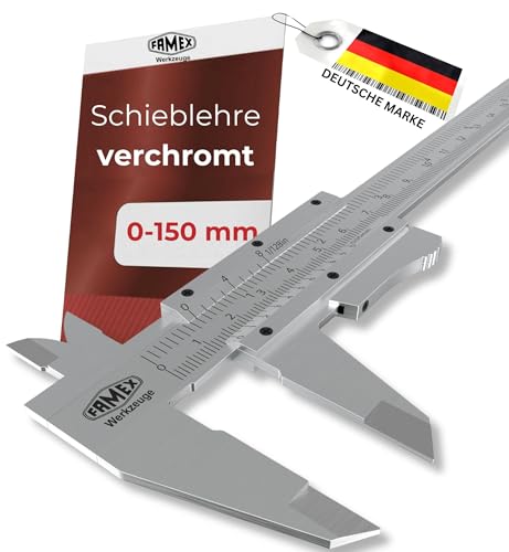 FAMEX Präzisions-Schieblehre Messschieber - 0–150 mm, 0,05 mm Auflösung – Messwerkzeug für Außen-, Innen- & Tiefenmaße, Einstelltaste, Aufbewahrungstasche, ideal für Werkstatt, DIY
