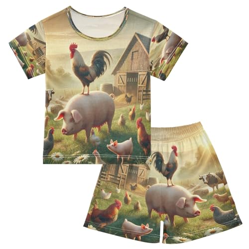 Rooster Farmhouse Pajama Set Short Sleeve PJ Set Cotton Summer Pajamas Sleepwear Soft 5Y