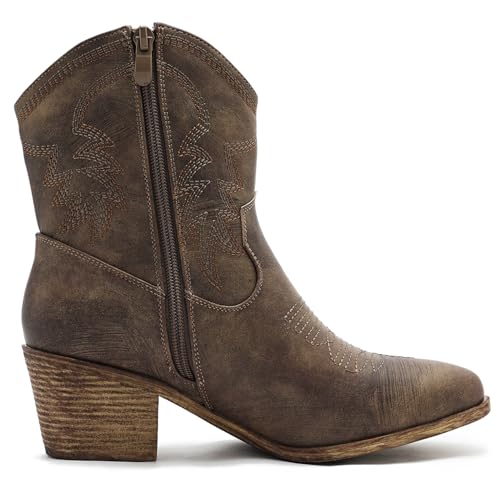 Image of GLOBALWIN Women's Cowgirl Boots Ankle Brown Cowboy Boots With Embroidered Stitching Low Heel Comfortable Western Boots For Country Outfits