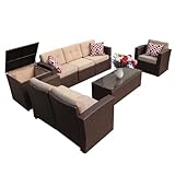 Super Patio Patio Furniture, 8 Piece Outdoor Furniture Set Wicker Sectional Furniture with Storage Table, Beige Cushions, Three Red Pillows, Brown Wicker
