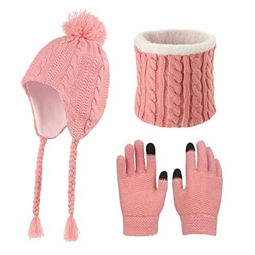 CHUANGLI Kinder Wintermütze, Schal Handschuhe Mädchen Set Mit Weichem Futter Hält Warm Kinder Mütze Set Kuschelig Handschuhe Runder Schal Set für Kinder 5-10 Jahre - L - Rosa Cover