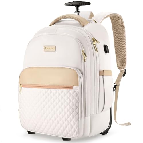 Rolling Backpack for women, 14.3 inch laptop bag backpack with wheels for large capacity, water resistant roller carry on backpack for travel business and college, Beige
