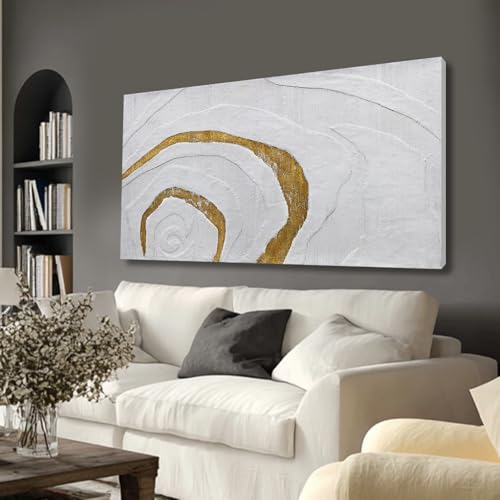 YLLTIEM White and Gold Abstract Wall Art 24x48 Inch, Hand Painted Textured Canvas Wall Art, Large Horizontal Modern Wall Decor for Living Room Bedroom Office Dining Room